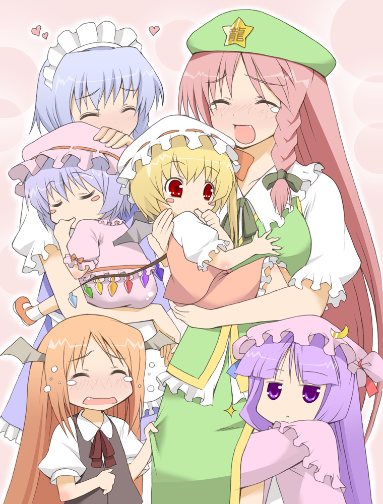 :d akagiakemi bat_wings blonde_hair blush blush_stickers braid breast_grab breasts carrying child china_dress chinadress chinese_clothes fang finger_sucking flandre_scarlet flat_chest hat head_wings headwings heart hong_meiling izayoi_sakuya koakuma loli long_hair maid open_mouth patchouli_knowledge ponytail purple_eyes purple_hair red_eyes red_hair redhead remilia_scarlet short_hair side_ponytail silver_hair smile tears touhou twin_braids violet_eyes wings young