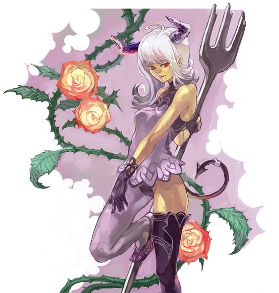 bare_shoulders demon_girl demon_tail flower fork gloves kima oversized_object red_eyes rose tail thigh-highs thighhighs thorns white_hair zettai_ryouiki