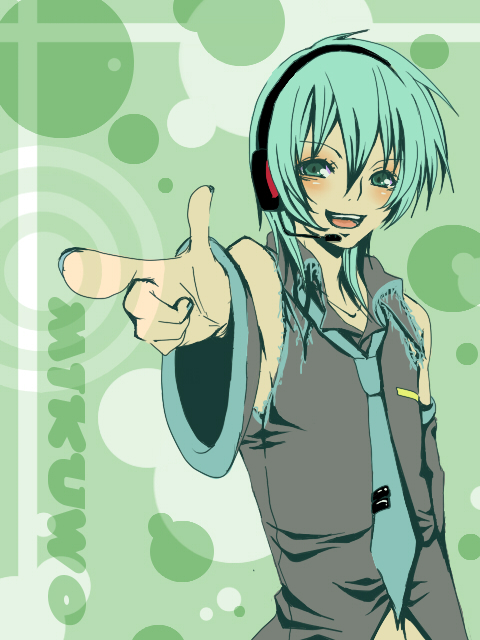 eyes genderswap green_hair hair hatsune_miku hatsune_mikuo headset male necktie pointing samu. teal vocaloid