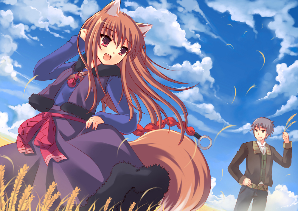 bad_id brown_hair cloud clouds craft_lawrence holo horo open_mouth pcmaniac88 pouch red_eyes silver_hair skirt sky spice_and_wolf tail vest wheat wolf_ears wolf_tail