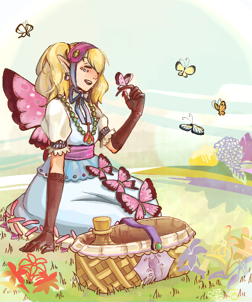 agitha basket blonde_hair butterfly earrings gloves gothic_lolita jewelry lolita_fashion long_hair nintendo pointy_ears smile the_legend_of_zelda twilight_princess twintails wings