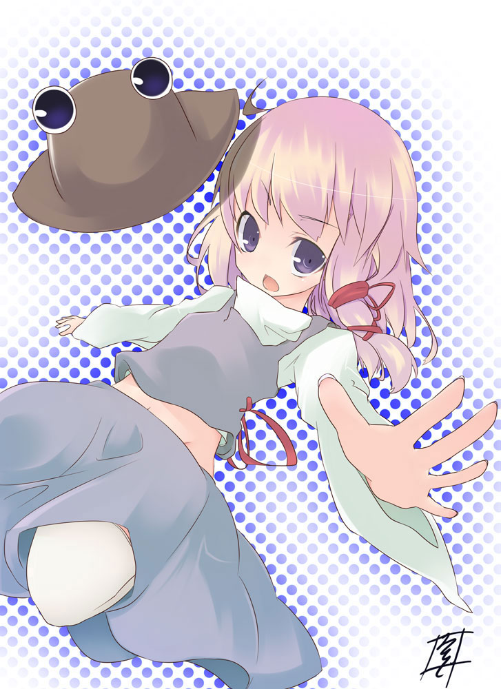 blue_eyes foreshortening hair_ribbon halftone halftone_background hands hat hat_removed headwear_removed kuroi_mizore midriff moriya_suwako open_mouth outstretched_arm outstretched_hand pink_hair purple_eyes ribbon touhou