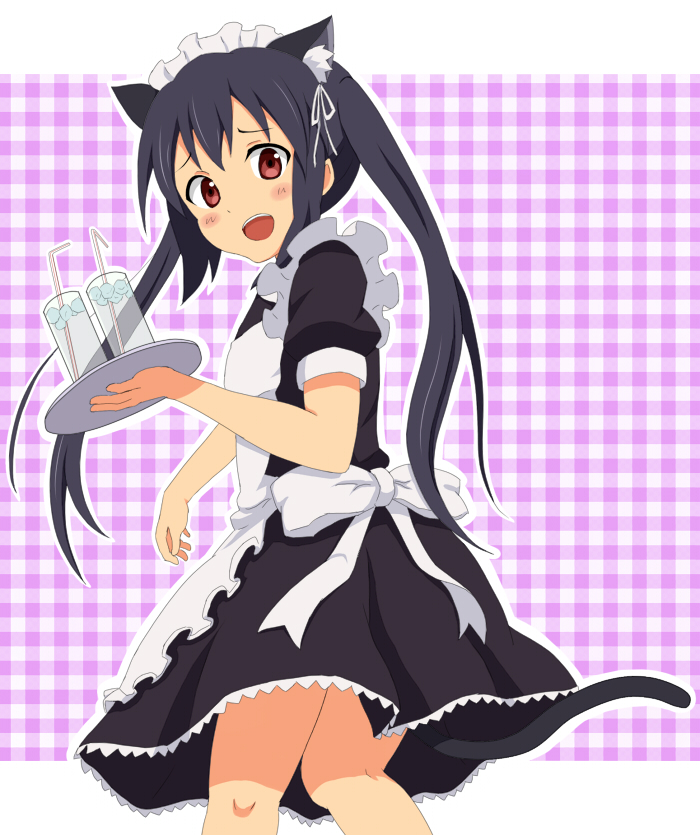 animal_ears black_hair blush cat_ears enmaided goro k-on! maid nakano_azusa red_eyes solo tail twintails