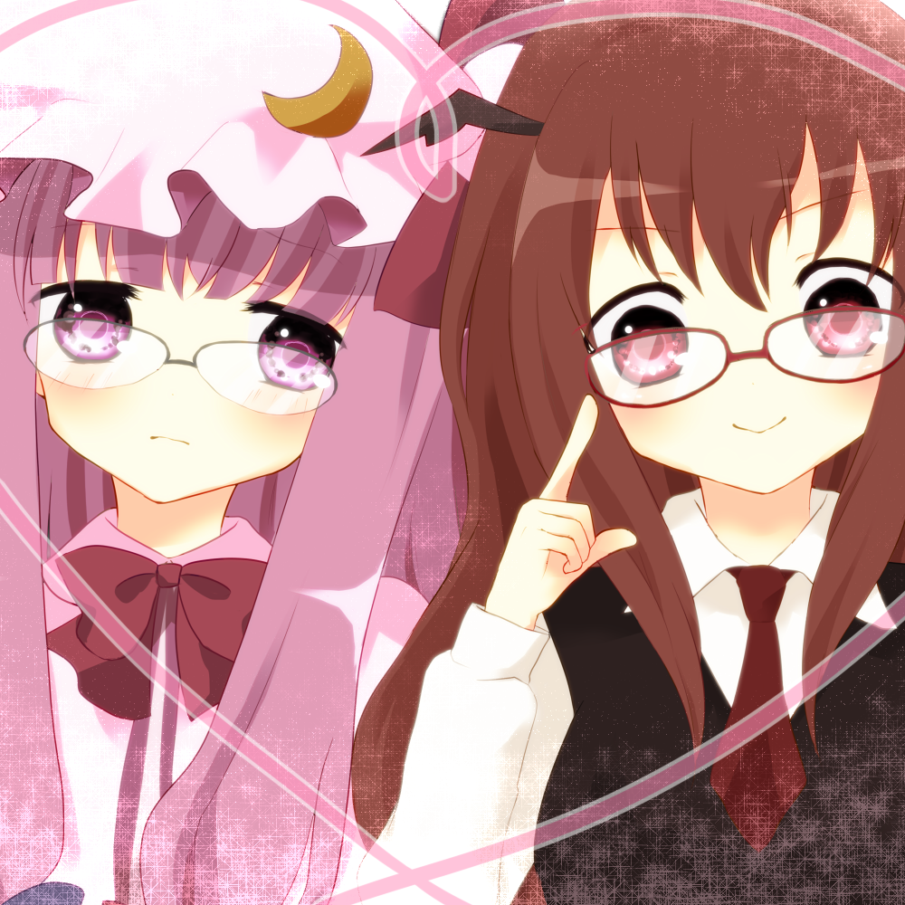 bespectacled bow glasses hat head_wings heart koakuma necktie patchouli_knowledge purin_jiisan purple_eyes purple_hair red_eyes red_hair touhou traditional_media