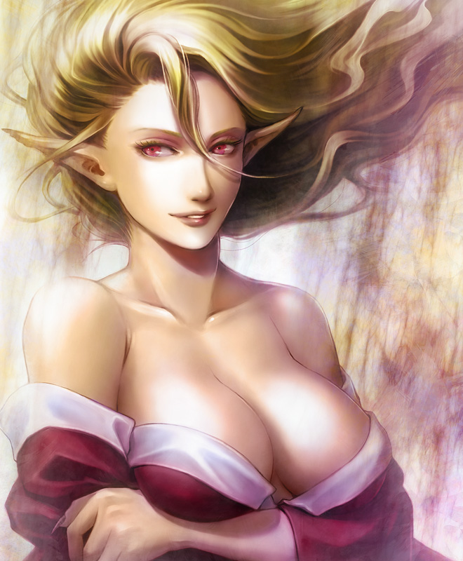 1girl bare_shoulders blonde_hair breasts byunei cleavage collarbone demon demon_girl eyelashes female floating_hair kinoeneko large_breasts lips no_bra off_shoulder parted_lips pink_eyes pointy_ears red_eyes romancing_saga romancing_saga_3 saga smile solo upper_body wind