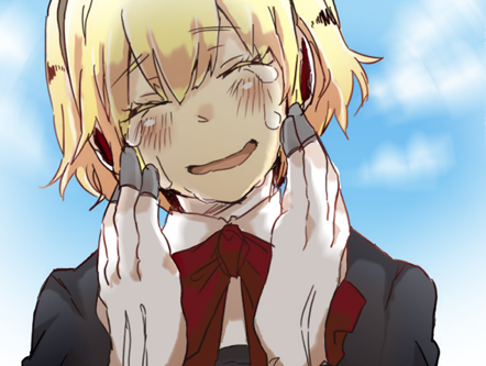 aegis android blonde_hair blush bow closed_eyes persona persona_3 school_uniform smile solo tears