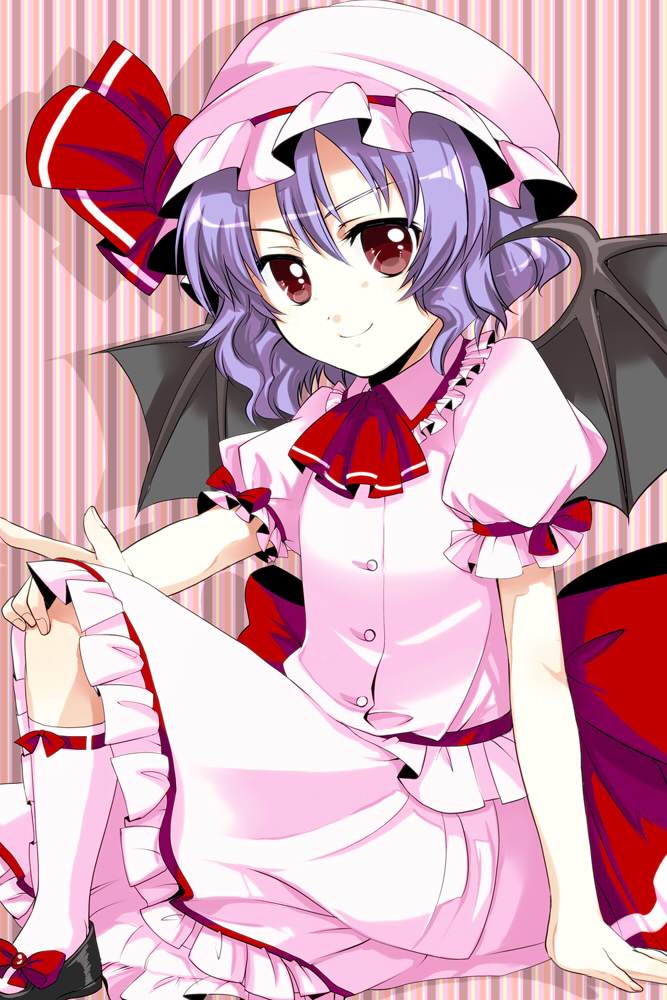 bat_wings hat lavender_hair pink red_eyes remilia_scarlet sasai sasai_saki short_hair solo touhou wings