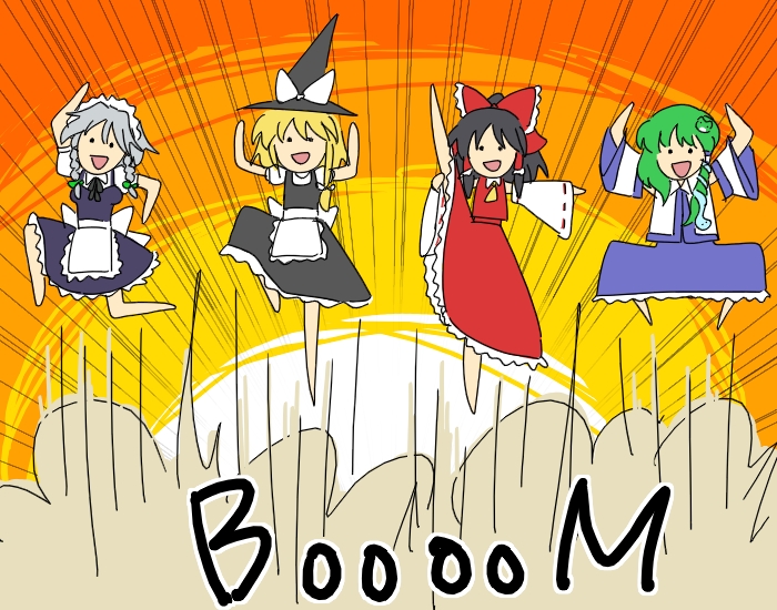 :d black_hair blonde_hair braid chibi detached_sleeves green_hair grey_hair hakurei_reimu hanjuku_tomato hat izayoi_sakuya japanese_clothes kirisame_marisa kochiya_sanae multiple_girls open_mouth pose smile touhou twin_braids witch_hat