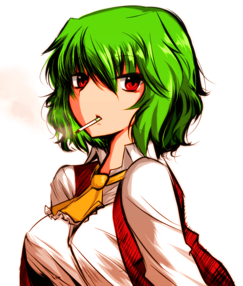 breasts bust cigarette erect_nipples green_hair kazami_yuuka red_eyes roki_(hirokix) short_hair smoking solo touhou vest white_background