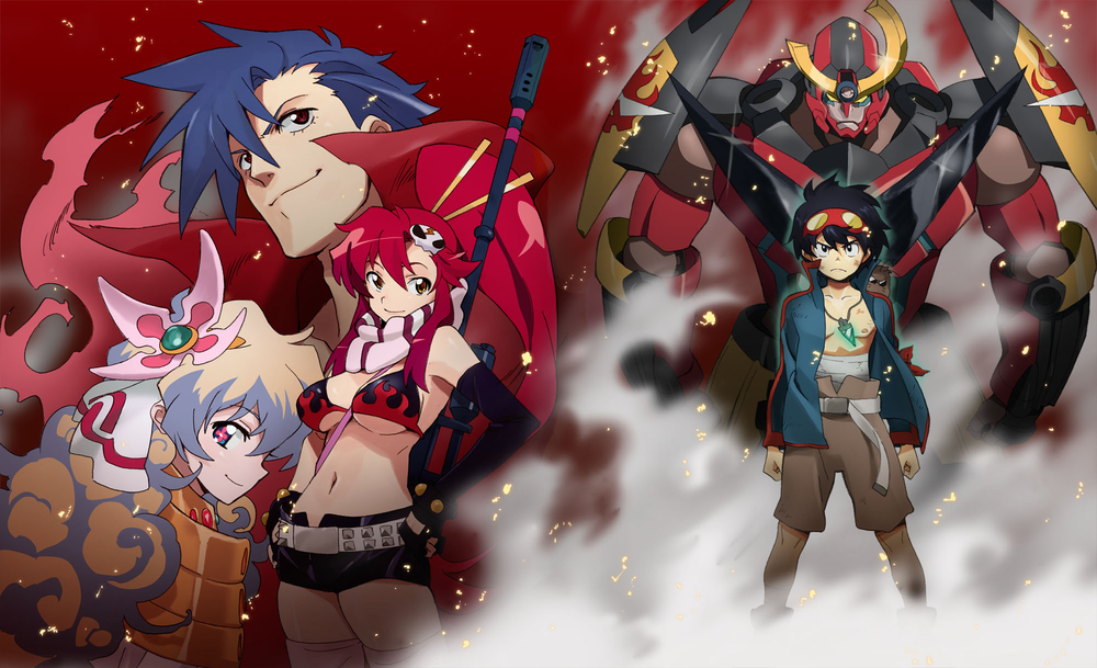 anti-materiel_rifle belt bikini_top black_hair blue_hair boota breasts cape cleavage cover drill dvd_cover flower goggles goggles_on_head gold_eyes gun gurren-lagann jewelry kamina long_hair mecha multicolored_hair nia_teppelin nishigori_atsushi official_art pink_thighhighs red_eyes red_hair redhead rifle sarashi scan scarf shorts simon single_elbow_glove single_glove sniper_rifle tengen_toppa_gurren-lagann:_gurren-hen tengen_toppa_gurren_lagann tengen_toppa_gurren_lagann:_gurren-hen two-tone_hair underboob weapon yellow_eyes yoko_littner yoko_ritona