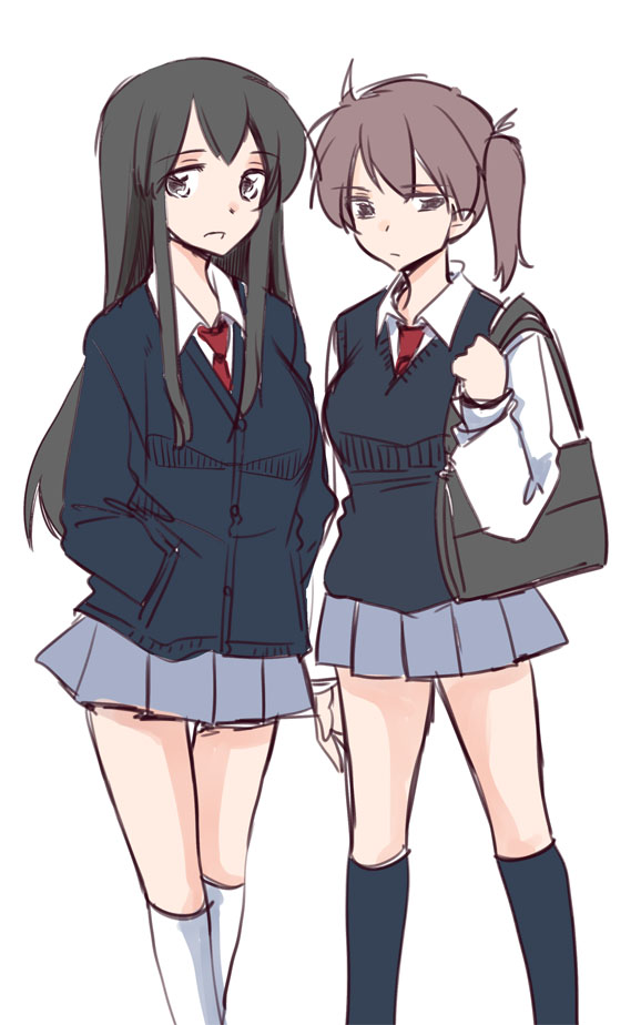 2girls akagi_(kantai_collection) alternate_costume bag black_eyes black_hair bookbag brown_eyes brown_hair commentary contemporary hands_in_pockets kaga_(kantai_collection) kantai_collection long_hair multiple_girls open_mouth personification ponytail sanpatisiki school_uniform side_ponytail sketch