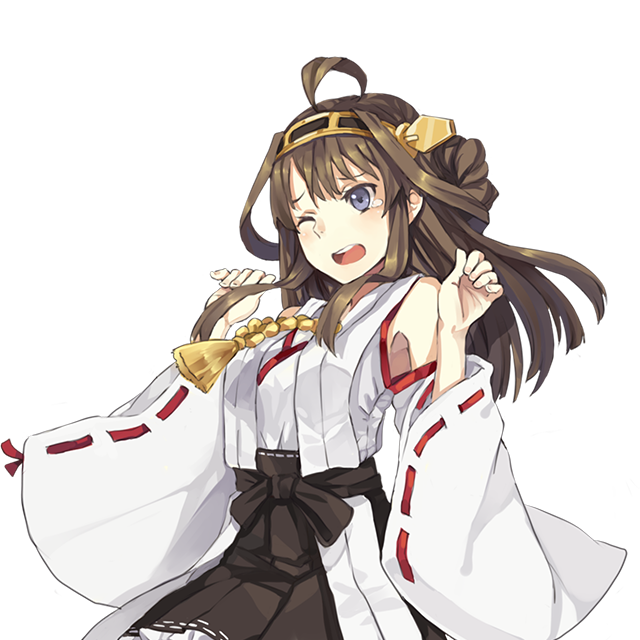 1girl ahoge black_eyes blush brown_hair detached_sleeves double_bun hairband hao_(patinnko) japanese_clothes kantai_collection kongou_(kantai_collection) long_hair open_mouth personification simple_background solo tears transparent_background wide_sleeves wink