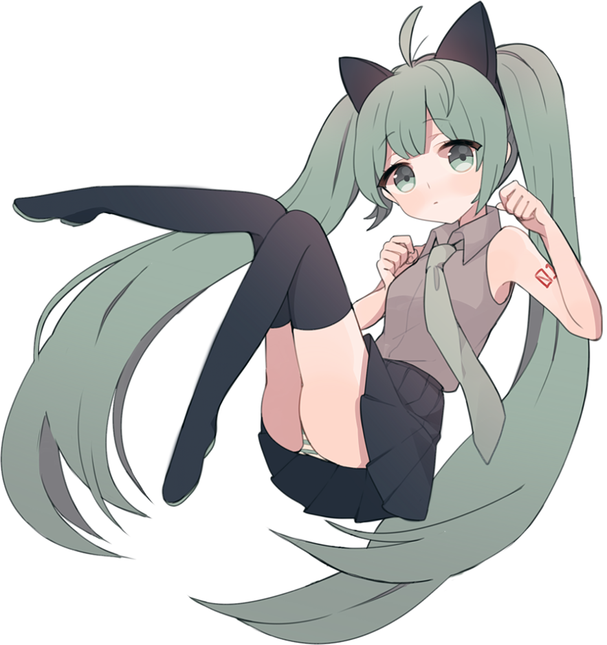 1girl ahoge animal_ears aqua_eyes aqua_hair hatsune_miku long_hair necktie panties solo thighhighs twintails underwear uttao vocaloid