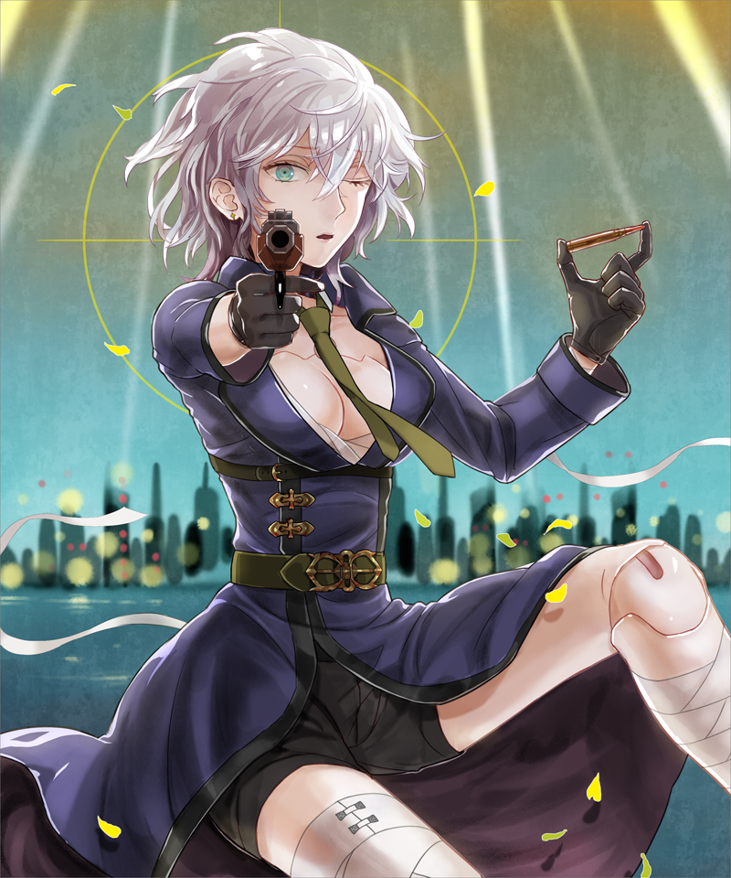 1girl android breasts bullet cleavage crosshair gloves gun kuroi long_hair original robot_joints shorts silver_hair solo weapon