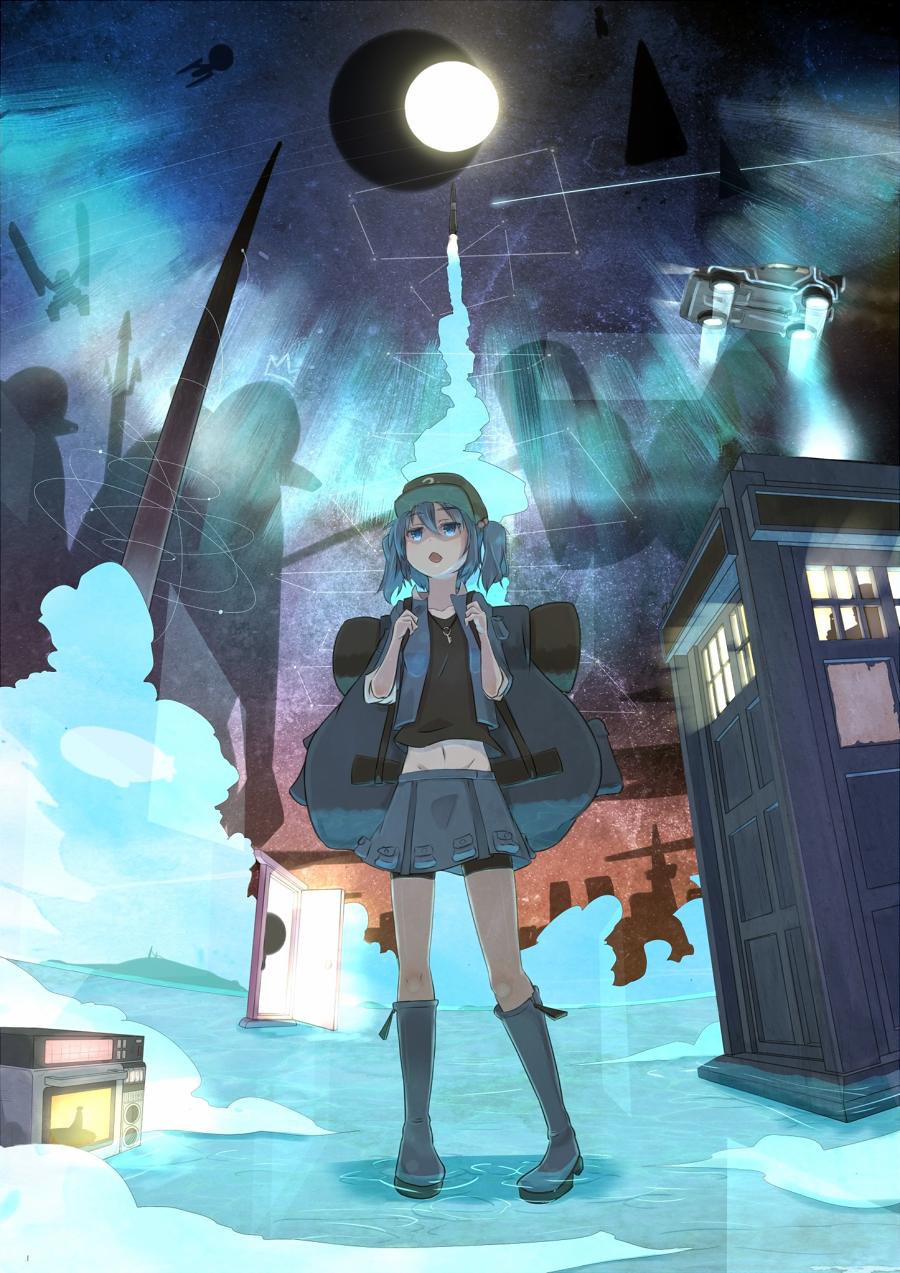 1girl :o backpack bag bike_shorts black_bike_shorts blue_eyes blue_hair boots building door doorway eclipse flying_car hair_bobbles hair_ornament hat highres kawashiro_nitori key liftoff looking_away microwave midriff moon navel open_clothes open_shirt phone_booth pocket rin_yu_shijin rocket science_fiction shooting_star short_hair short_twintails shorts shorts_under_skirt skirt sleeves_pushed_up sleeves_rolled_up solo space_craft touhou twintails water
