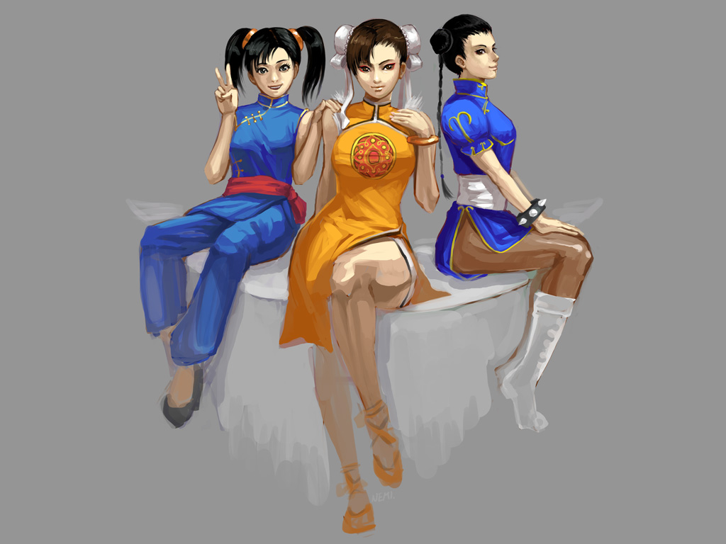 3girls artist_request bangle black_hair boots bracelet braid brown_eyes brown_hair bun_cover china_dress chinese_clothes chun-li cosplay costume_switch crossover dead_or_alive_5 eyeshadow female hair_ribbon hand_on_another's_shoulder jewelry ling_xiaoyu makeup multiple_crossover multiple_girls namco pai_chan pants pantyhose ribbon sash sega short_hair side_slit sitting smile spiked_bracelet spikes street_fighter tecmo tekken tekken_3 tekken_4 twin_braids twintails v virtua_fighter