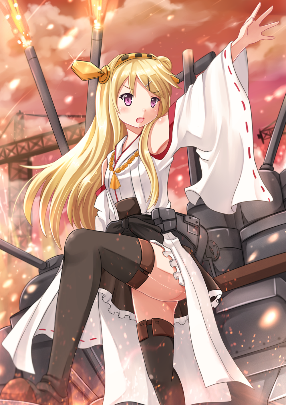 1girl black_legwear blonde_hair blush cannon frilled_skirt frills hair_ornament hairclip headband highres kantai_collection kazenokaze kin'iro_mosaic kongou_(kantai_collection) kongou_(kantai_collection)_(cosplay) kujou_karen long_hair nontraditional_miko open_mouth outstretched_arm personification seiyuu_connection shoes skirt solo standing thighhighs touyama_nao violet_eyes