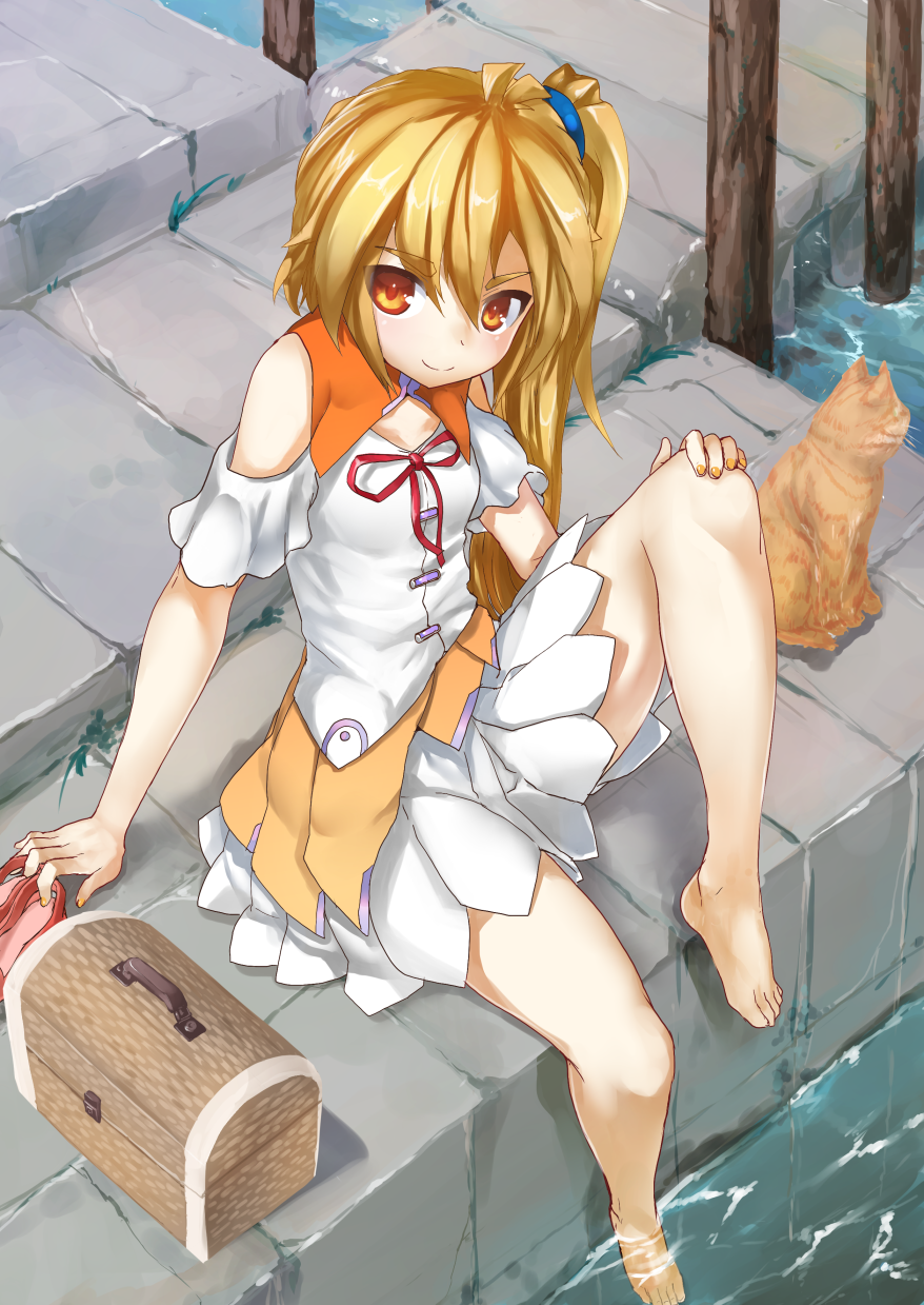 1girl akita_neru barefoot blonde_hair cat detached_sleeves dress highres long_hair lunchbox magu_(mugsfc) nail_polish orange_eyes shoes_removed side_ponytail sitting smile soaking_feet vocaloid water