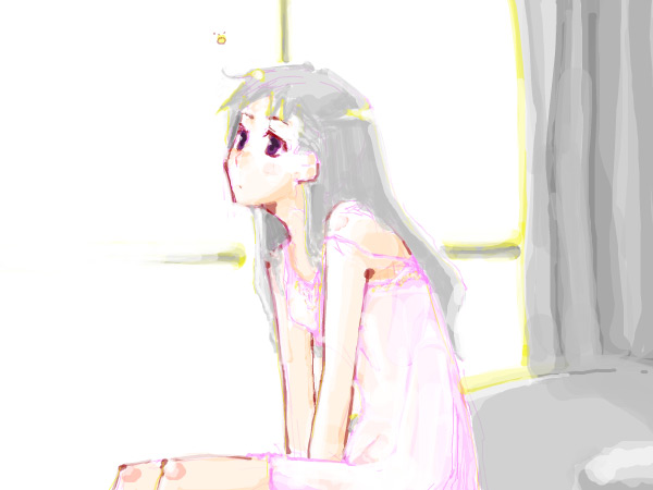 1girl bed chemise copyright_request curtains grey_hair indoors long_hair looking_away sitting sleepy solo travo window