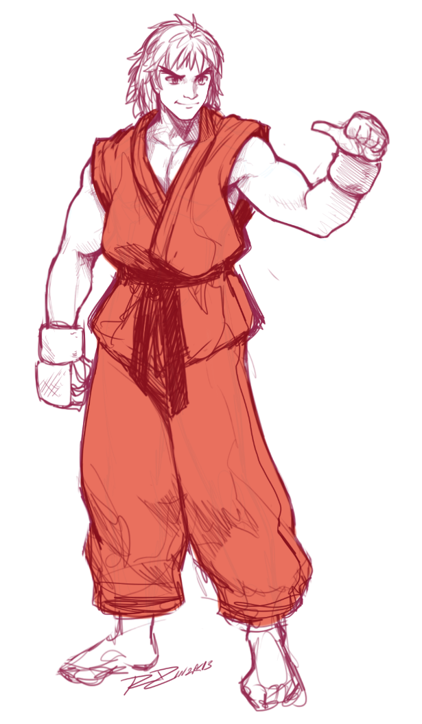 barefoot dougi eyebrows ken_masters kote male muscle pointing pointing_at_self robert_porter short_hair solo street_fighter thick_eyebrows