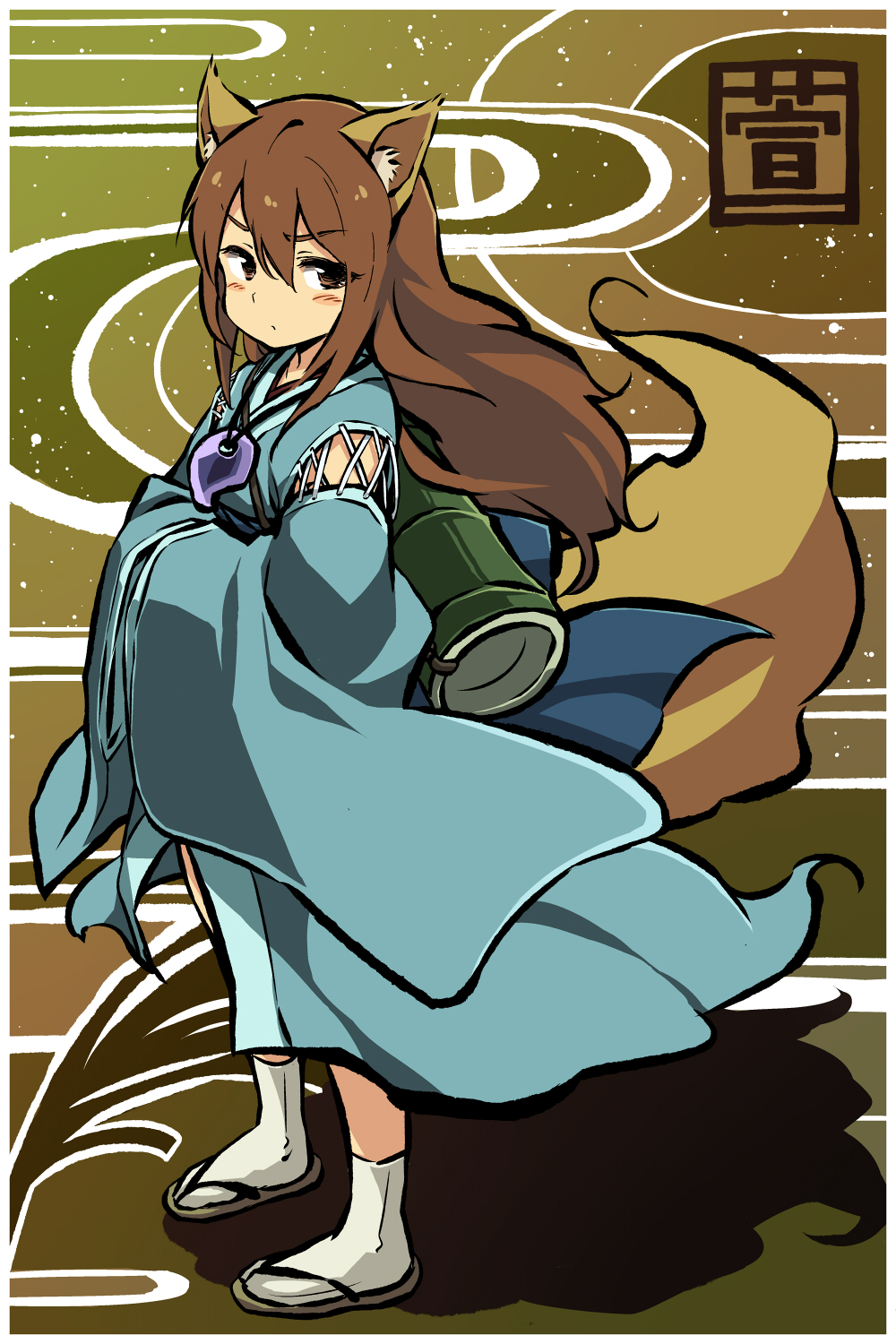 alternate_costume animal_ears backpack bag blue_dress brown_eyes brown_hair detached_sleeves dress hands_in_sleeves highres imaizumi_kagerou japanese_clothes jewelry kimono long_hair long_sleeves looking_at_viewer necklace pendant tail touhou wide_sleeves wolf_ears wolf_tail yudepii