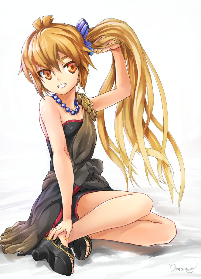 1girl :d akita_neru blonde_hair dress hair_tussle jewelry long_hair magu_(mugsfc) necklace open_mouth orange_eyes sandals side_ponytail sitting smile solo vocaloid