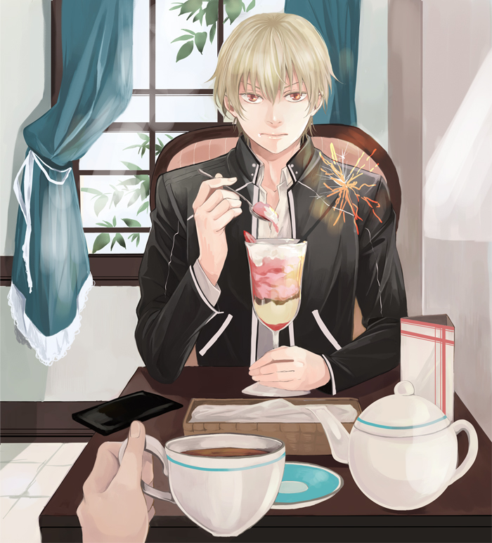 1boy blonde_hair cup fate/stay_night fate_(series) gilgamesh looking_at_viewer parfait pov pov_eye_contact solo suwaru_(ght53kklvcc231) teacup teapot window