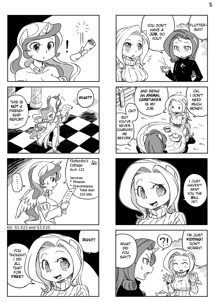 ! !? ... /\/\/\ 3girls 4koma :o animal_ears black_background breasts celestia_(my_little_pony) checkered checkered_floor closed_eyes comic cup curly_hair detached_sleeves dress english fluttershy flying_sweatdrops from_above furry horn jewelry large_breasts long_hair monochrome multiple_4koma multiple_girls my_little_pony my_little_pony_friendship_is_magic open_mouth out_of_frame personification rarity ribbed_sweater scroll shepherd0821 sitting smile standing sweater table tail teacup teapot turtleneck unicorn wavy_hair wings