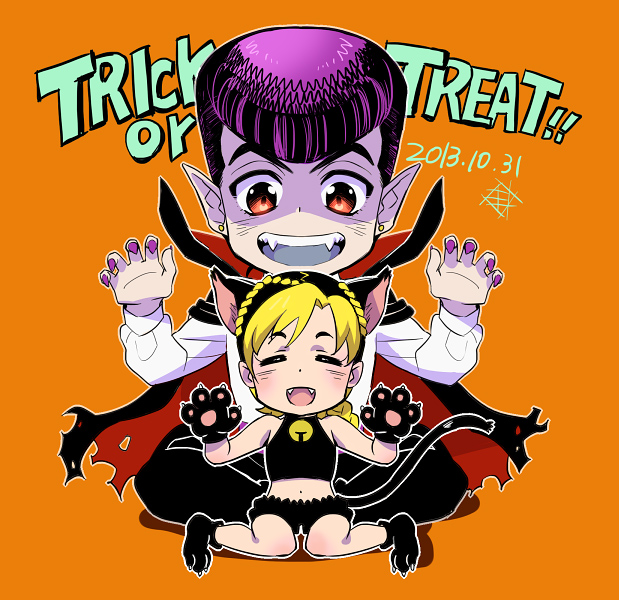 1boy 1girl animal_ears black_hair blonde_hair cat_ears cat_tail catgirl chibi child claws double_bun fangs gloves halloween hariyama_(toubou_tengoku) higashikata_jousuke jojo_no_kimyou_na_bouken kuujou_jolyne paw_gloves pointy_ears pompadour purple_hair red_eyes tail vampire