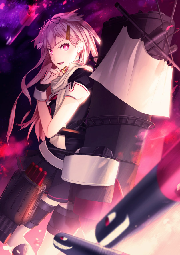 1girl blonde_hair bow fingerless_gloves gloves hair_bow hair_ornament hairclip hand_on_own_chin kantai_collection kgr looking_at_viewer pleated_skirt red_eyes school_uniform serafuku short_sleeves skirt solo yuudachi_(kantai_collection)