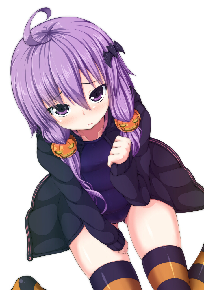 1girl ahoge amau_(kosmos) bat_hair_ornament jack-o'-lantern jacket long_hair long_sleeves looking_at_viewer one-piece_swimsuit purple_hair school_swimsuit simple_background sitting solo striped striped_legwear swimsuit thighhighs twintails violet_eyes vocaloid wariza white_background yuzuki_yukari