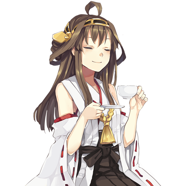 1girl ahoge blush brown_hair closed_eyes cup detached_sleeves double_bun hairband hao_(patinnko) japanese_clothes kantai_collection kongou_(kantai_collection) long_hair personification plate simple_background smile solo teacup transparent_background wide_sleeves