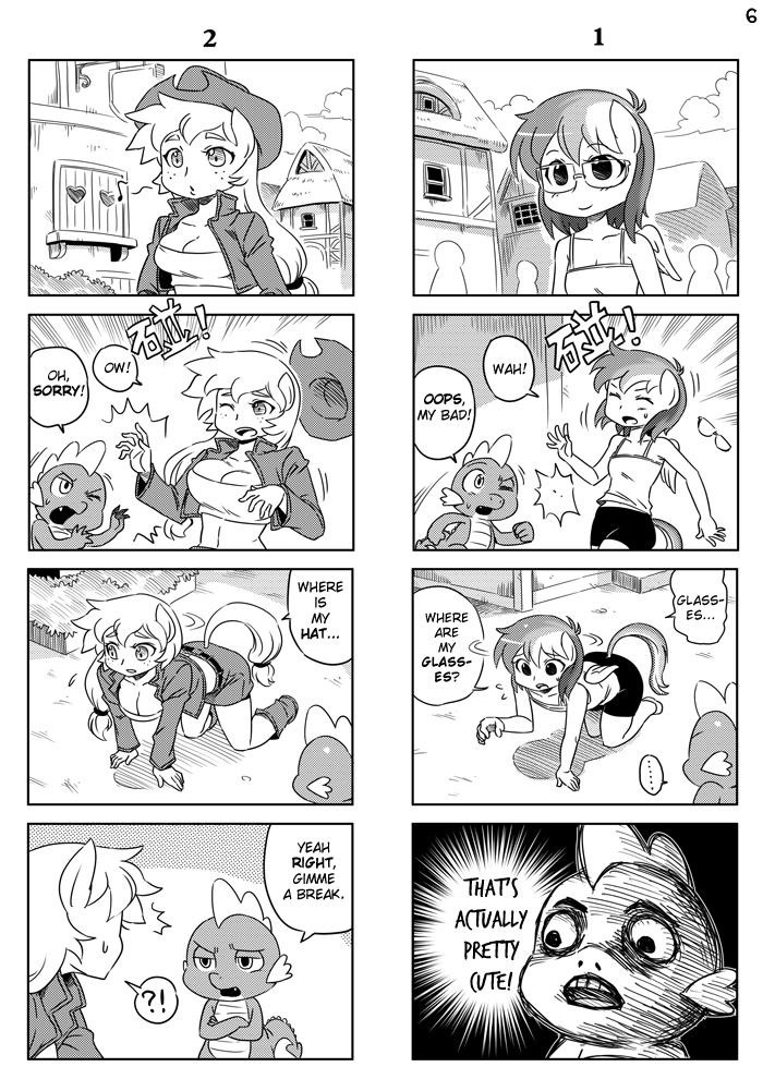 ... /\/\/\ 2girls 4koma all_fours animal_ears bespectacled bike_shorts boots breasts cleavage closed_eyes comic cowboy_hat crossed_arms dragon english fang flying_sweatdrops freckles furry glasses hat hat_removed headwear_removed jacket large_breasts looking_at_another meme monochrome motion_lines multiple_4koma multiple_girls musical_note my_little_pony my_little_pony_friendship_is_magic open_mouth personification shepherd0821 skirt smile spike_(my_little_pony) sweatdrop tail tank_top whistling wings wink