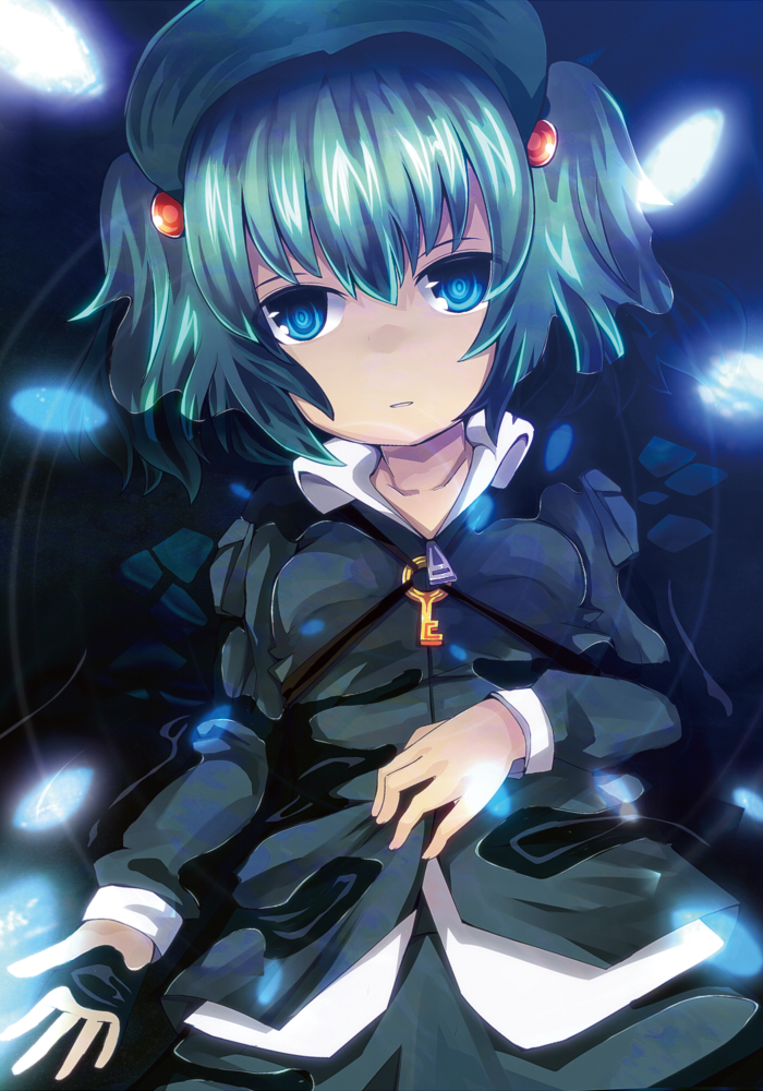 1girl backpack bag blue_eyes blue_hair dress hair_bobbles hair_ornament hat kawashiro_nitori key long_sleeves looking_at_viewer lying on_back partially_submerged shirt short_hair short_twintails skirt skirt_set solo touhou twintails water wet wet_clothes zamudelin