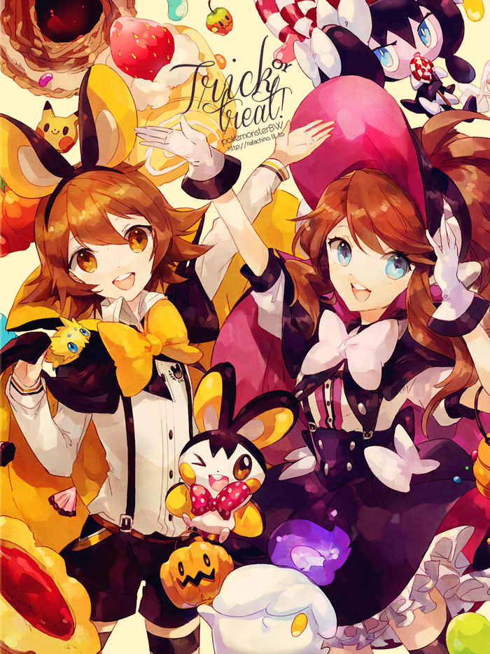 1boy 1girl alternate_costume blue_eyes bowtie brown_eyes brown_hair cake cape copyright_name dress emolga food frilled_dress frills gloves gothita halloween hat joltik litwick pokemon pokemon_(creature) pokemon_(game) pokemon_bw pumpkin suspenders thighhighs touko_(pokemon) touya_(pokemon) trick_or_treat welchino witch_hat