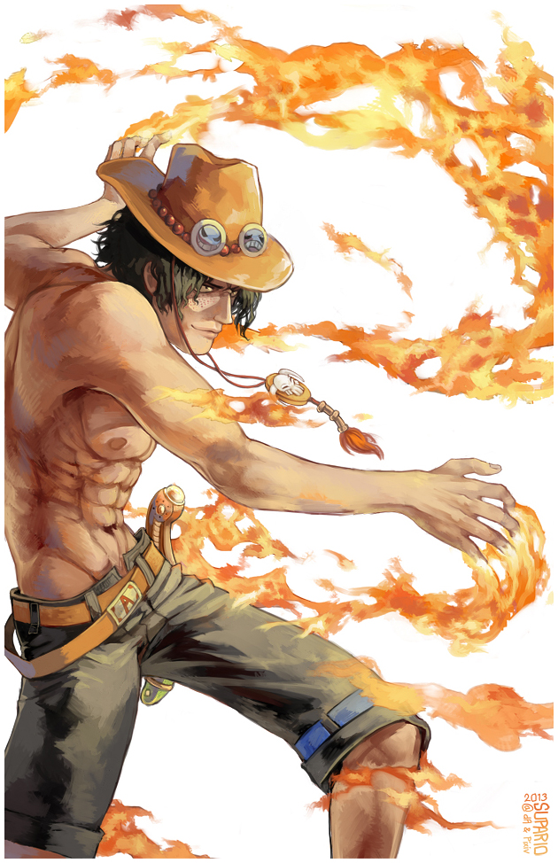 1boy 2013 abs artist_name black_hair cowboy_hat fire freckles hat male one_piece portgas_d_ace shirtless solo supario white_background
