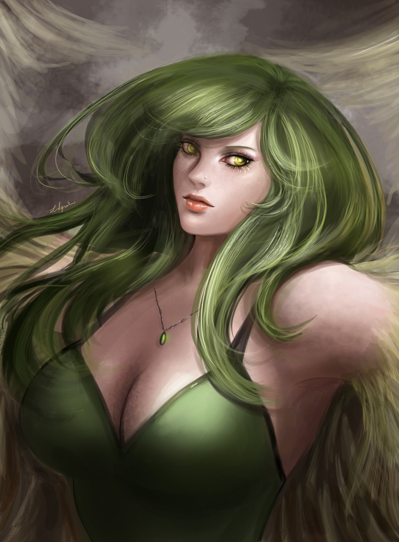 1girl breasts cleavage close-up feathered_wings feathers green_hair harpy jewelry large_breasts lilyzou lipstick long_hair makeup monet_(one_piece) monster_girl necklace one_piece pendant realistic signature solo tank_top wings yellow_eyes