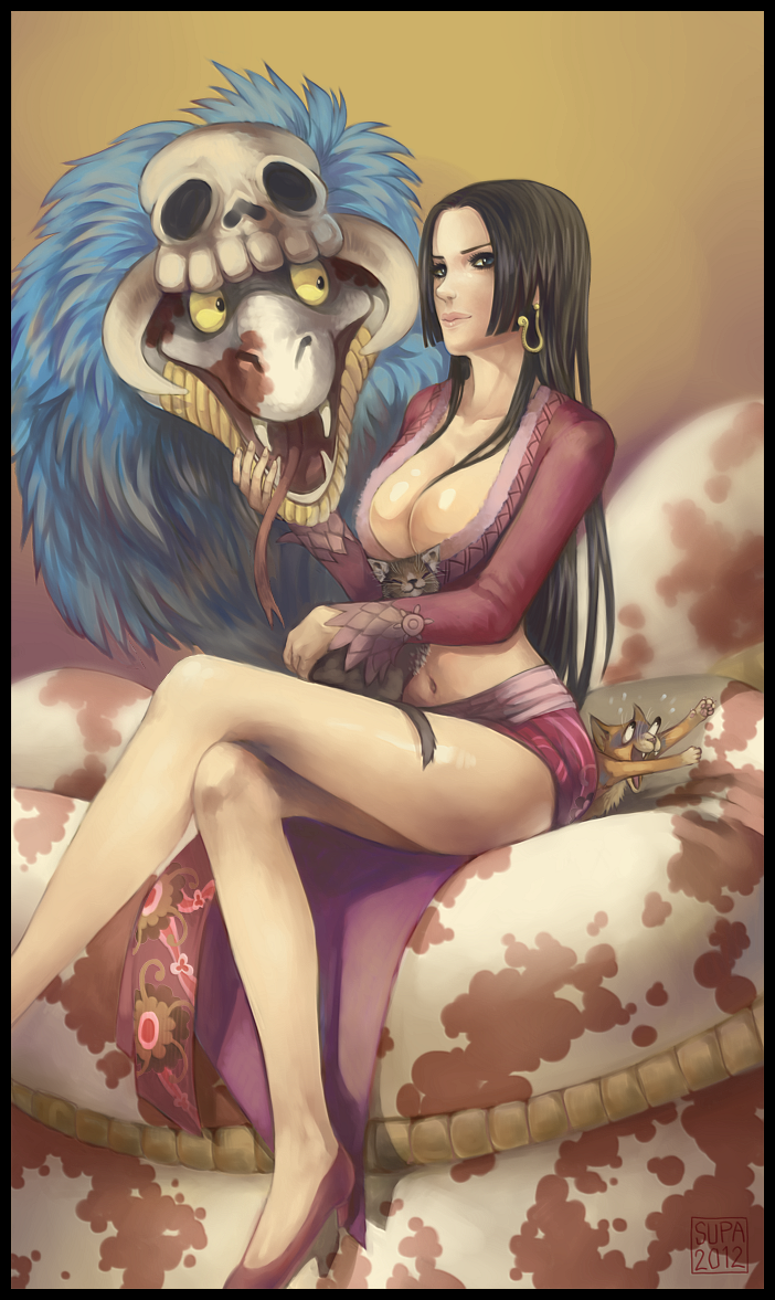 1girl 2012 amazon black_hair blue_eyes boa_hancock breasts cat cleavage earrings eye_pop forked_tongue hair_between_breasts high_heels jewelry long_hair navel one_piece salome_(one_piece) signature sitting_on_animal skull snake supario tongue yellow_eyes