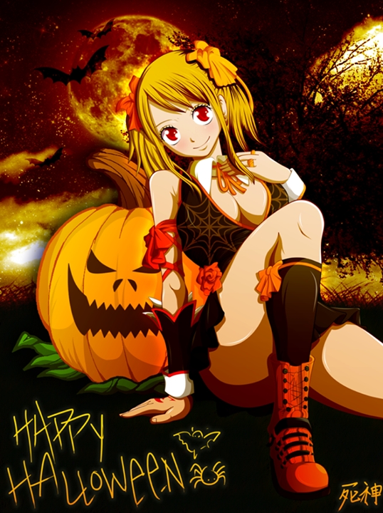 1girl artist_request blonde_hair dress fairy_tail halloween lucy_heartfilia night red_eyes short_hair solo source_request