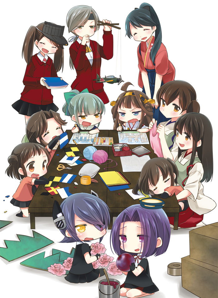 6+girls akagi_(kantai_collection) blush brown_eyes brown_hair chitose_(kantai_collection) crayon drawing houshou_(kantai_collection) japanese_clothes jintsuu_(kantai_collection) kaga_(kantai_collection) kantai_collection knitting ko_ru_ri kongou_(kantai_collection) long_hair multiple_girls muneate naka_(kantai_collection) nontraditional_miko personification pleated_skirt ponytail purple_hair ryuujou_(kantai_collection) school_uniform sendai_(kantai_collection) serafuku short_hair side_ponytail skirt sleeping smile tatsuta_(kantai_collection) tenryuu_(kantai_collection) twintails violet_eyes visor_cap yuubari_(kantai_collection)