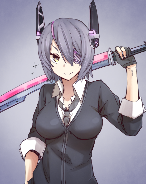 1girl bust eyepatch kantai_collection kariosuto21 necktie personification purple_hair smile solo sword tenryuu_(kantai_collection) weapon yellow_eyes