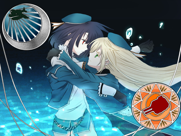 2girls atago_(kantai_collection) black_gloves blonde_hair blue_hair gloves green_eyes hat hug kantai_collection miko_embrace military_jacket multiple_girls personification red_eyes short_hair takao_(kantai_collection) yjy