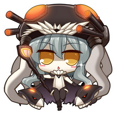 1girl blush_stickers bodysuit chibi gloves headwear hitsuki_rei kantai_collection lowres monster open_mouth pale_skin personification shinkaisei-kan silver_hair solo sparkle staff triangle_mouth turret wo-class_aircraft_carrier yellow_eyes