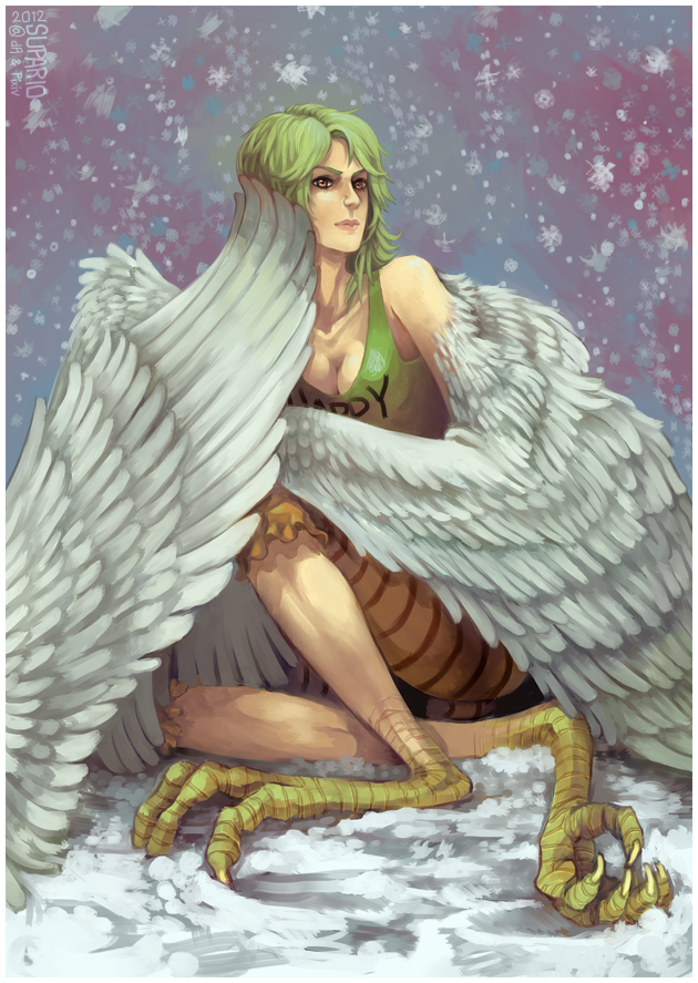 1girl 2012 artist_name breasts chin_rest cleavage feathered_wings green_hair harpy monet_(one_piece) monster_girl one_piece orange_eyes sitting snow solo supario talons wings