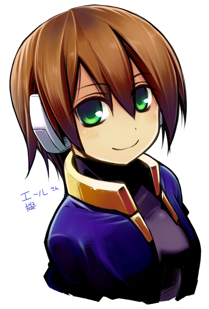 1girl aile brown_hair bust green_eyes hakoniwa_tsuka looking_at_viewer rockman rockman_zx simple_background smile solo white_background