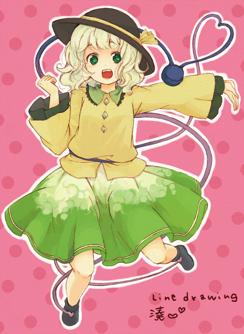 1girl green_eyes green_hair hat heart kimochi komeiji_koishi long_sleeves looking_at_viewer open_mouth outstretched_arm parody polka_dot polka_dot_background ribbon short_hair skirt smile solo style_parody style_request third_eye touhou wide_sleeves