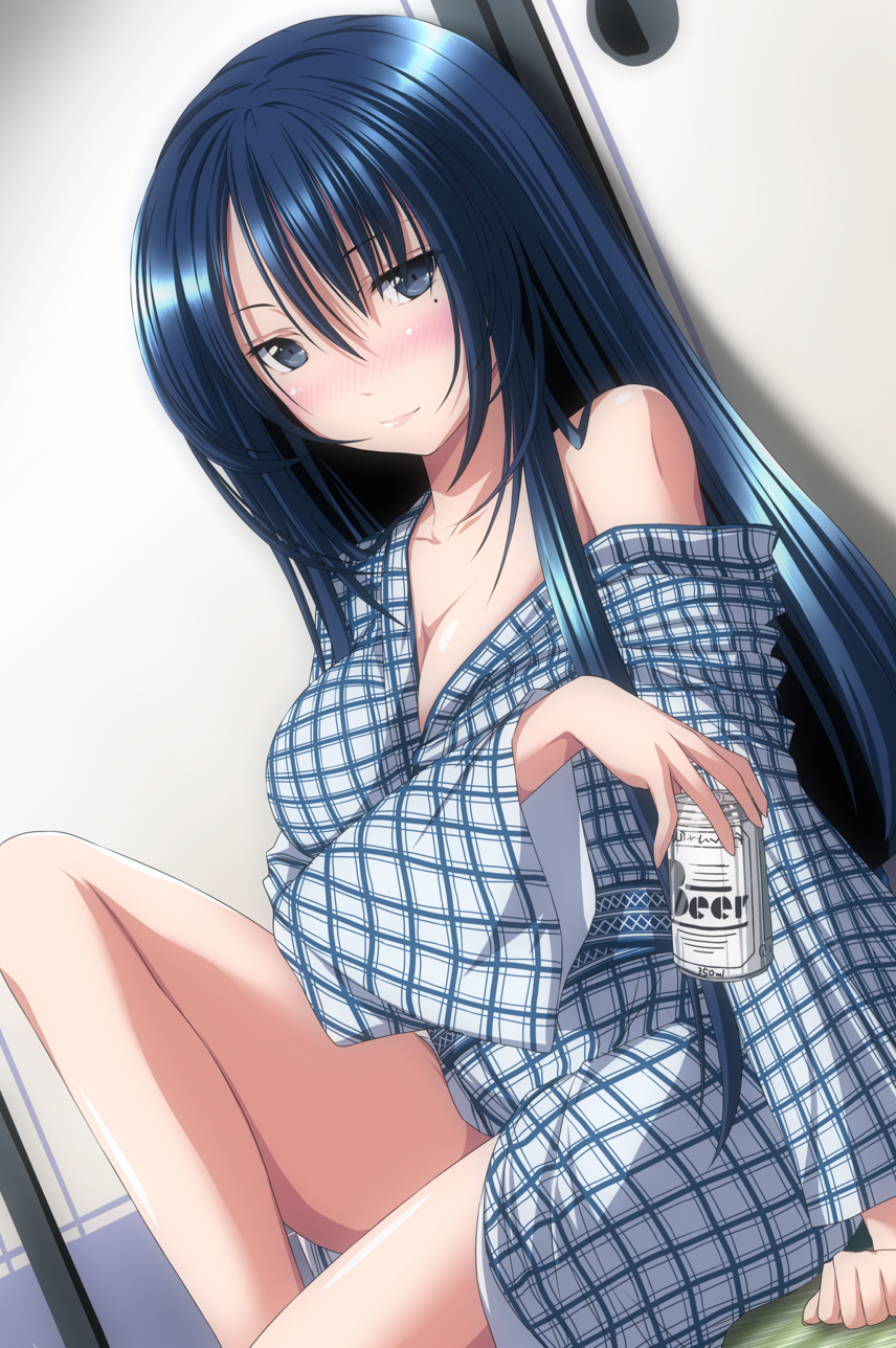 1girl alcohol beer beer_can blue_eyes blue_hair drunk highres looking_at_viewer mole no_bra nori_tamago original shiny shiny_skin sitting solo
