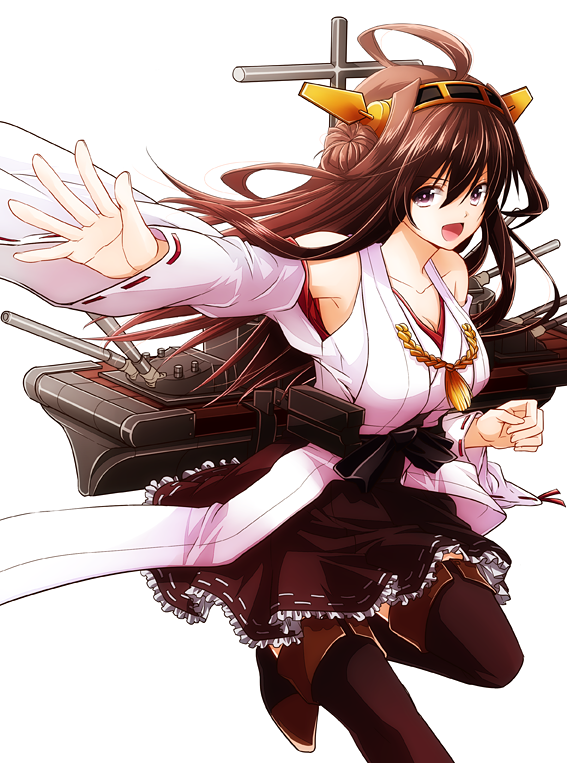 1girl ahoge bare_shoulders black_legwear blush boots brown_hair cannon detached_sleeves double_bun hair_ornament hairband headgear hironoazuma japanese_clothes kantai_collection kongou_(kantai_collection) long_hair nontraditional_miko open_mouth personification skirt smile solo thigh_boots thighhighs turret