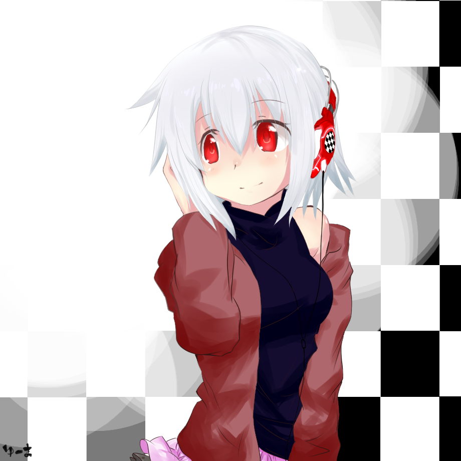 1girl adyisu altair_floone blush checkered checkered_background headphones looking_back original red_eyes smile solo white_hair