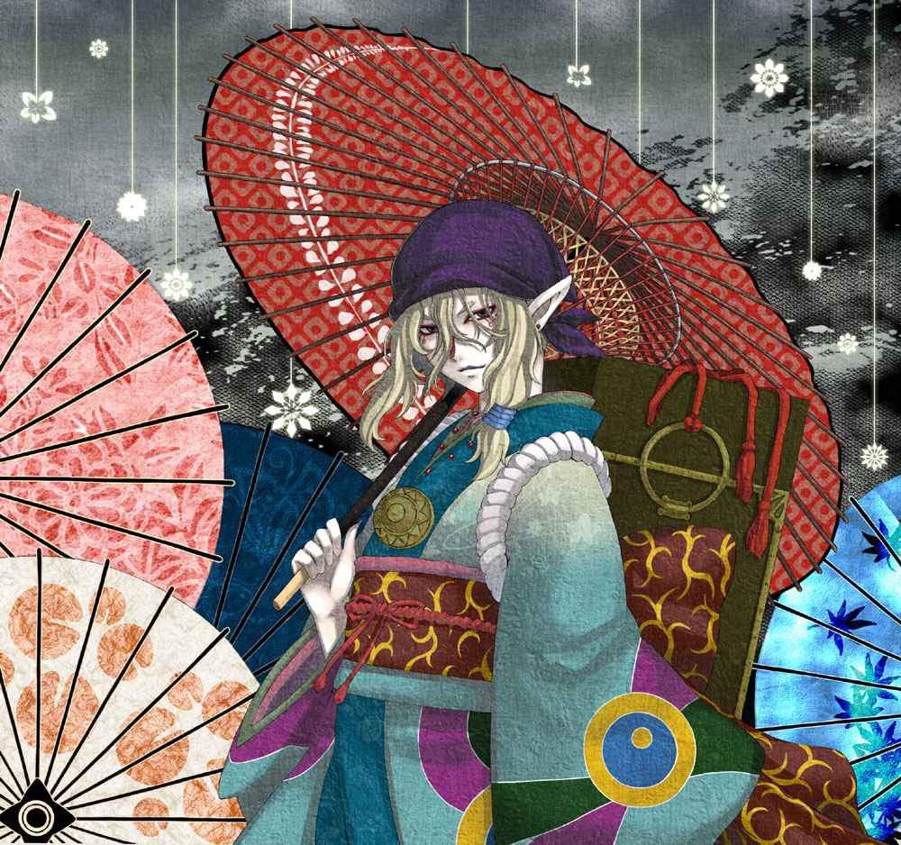 1boy bandana blonde_hair colorful earrings floral_print japanese_clothes jewelry kimono kusuriuri_(mononoke) long_hair looking_at_viewer male mononoke oriental_umbrella pointy_ears sash shiina_yuuto solo umbrella